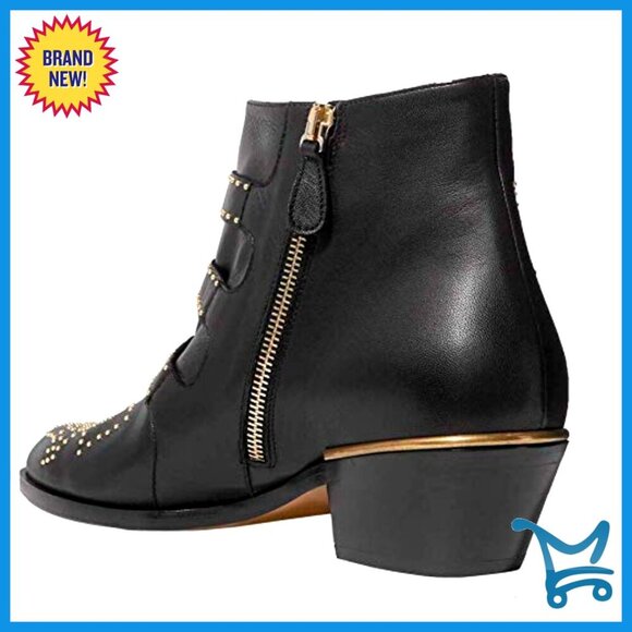 Women Leather Studded Ankle Boots Chunky Heel Buckle Strap Zipper Punk Booties